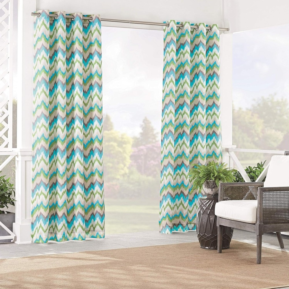Exclusive Fabrics Ikat Chevron Outdoor Curtains 50x84 Turquoise Green Excellent